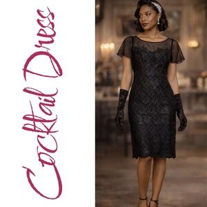 Black Sheer Lace Floral Cocktail Dress Vintage Evening 20s Noir Romantic, Sz S–M